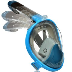 Маска для плавания Seagard Easybreath-III с 4 клапанами и креплением для камеры панорамная на все лицо для снорклинга подводного ныряния с складывающейся трубкой Синяя, S/M