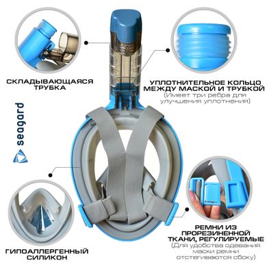 Маска для плавання Seagard Easybreath-III з 4 клапанами і кріпленням для камери панорамна на все обличчя для снорклінгу підводного пірнання трубка складається Синя, S/M