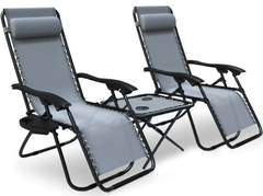 Набір шезлонгів розкладних 160 см із столиком та регульованим положенням з підголівником підстаканником крісло лежак для саду дачі пляжу 2 шт Сірий