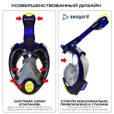 Маска для плавання Seagard Easybreath Profi з 7 клапанами і кріпленням для камери панорамна повнолицьова для снорклінгу підводного пірнання з трубкою Синя, L/XL