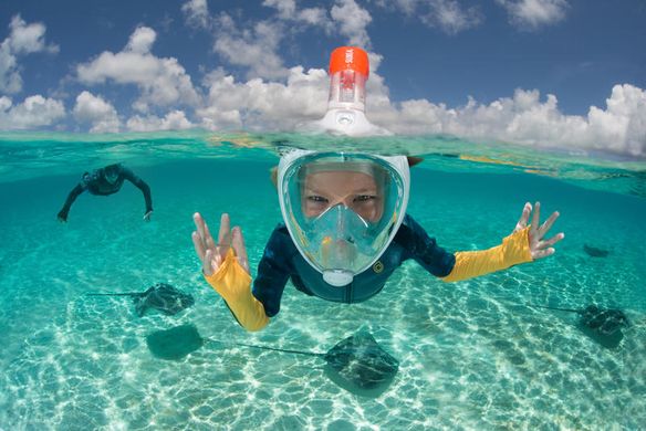 Дитяча маска для плавання Subea Easybreath PRO 500 XS панорамна повнолицьова для снорклінгу підводного пірнання на все обличчя з трубкою Блакитна, XS