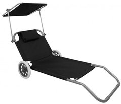 Шезлонг складной на колесах 150 см с козырьком кресло лежак для сада дачи пляжа на 5 положений Черный