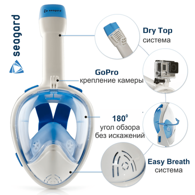 Маска для плавання Seagard Easybreath-II з 4 клапанами і кріпленням для камери панорамна сферична лінза з оглядом 180° Біла з синім, L/XL